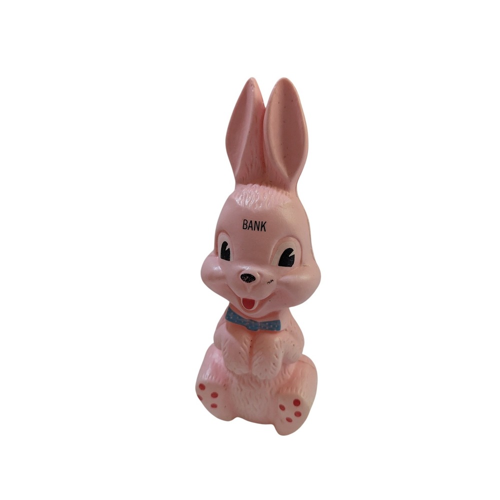 Vintage Pink Bunny‎ Rabbit Coin Bank Hard Plastic Mid Century Easter Decor 10"